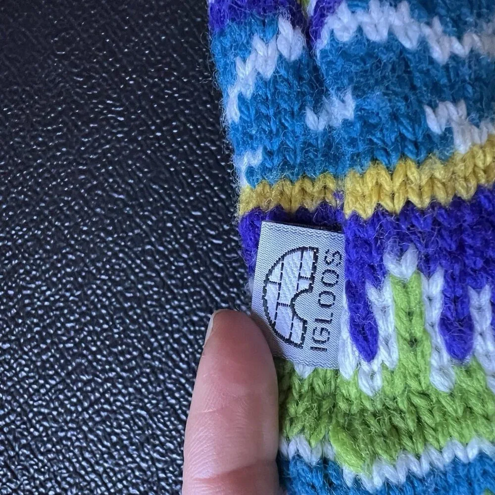 Vintage Igloos Purple Yellow‎ Nordic Knit Wool Beanie Hat Ear Flaps Ski Vikings